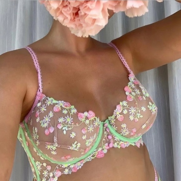 For Love & Lemons Tutti Frutti Bra – Sheer Embroidered Mesh, Pink Green Floral - Picture 1 of 8